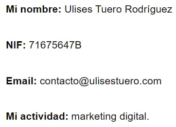 Datos del responsable de tratamiento de los datos en ulisestuero.com. El responsable es Ulises Tuero Rodríguez con NIF 71675647B